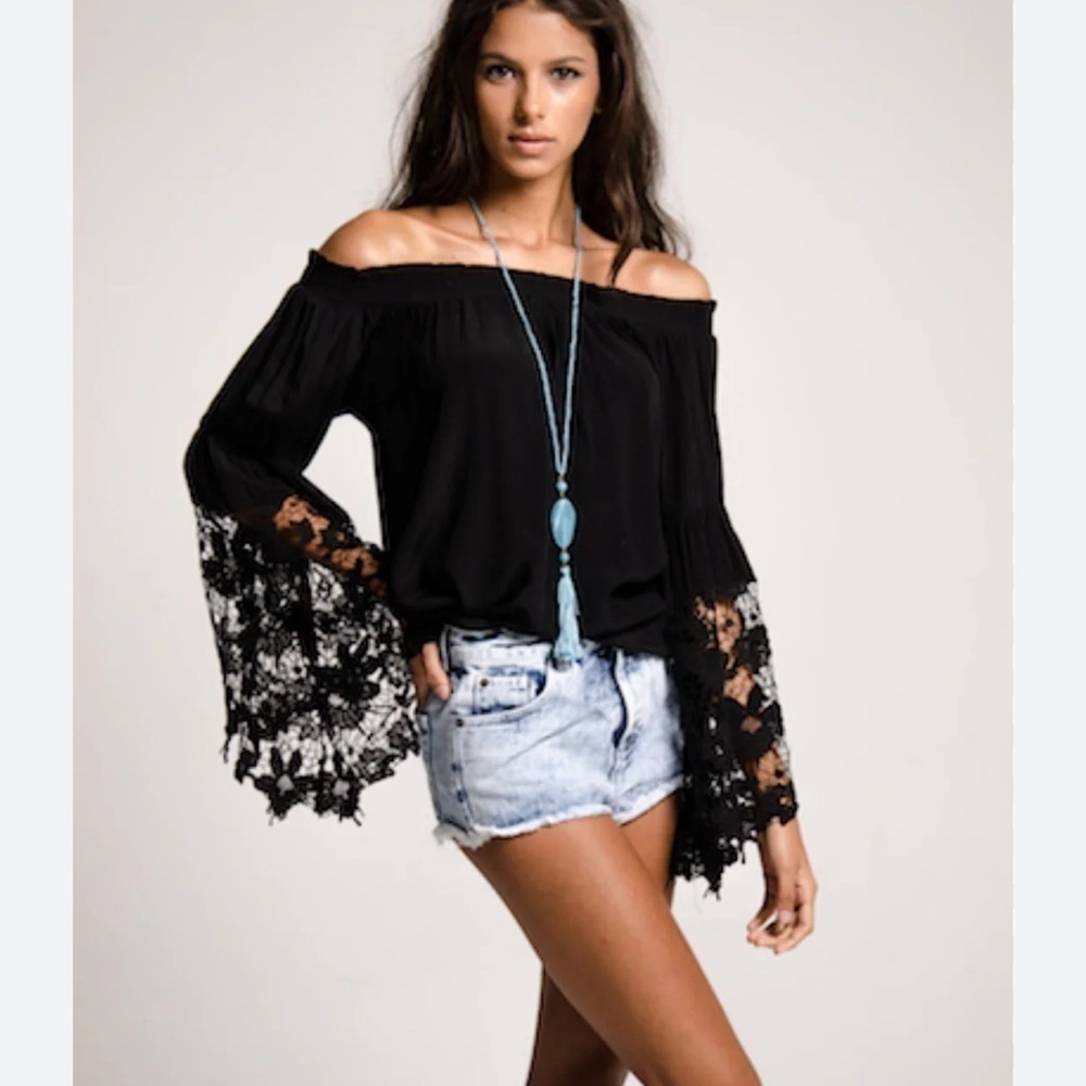 muche & muchette  silk blend one size lace crochet top blouse off shoulder blue